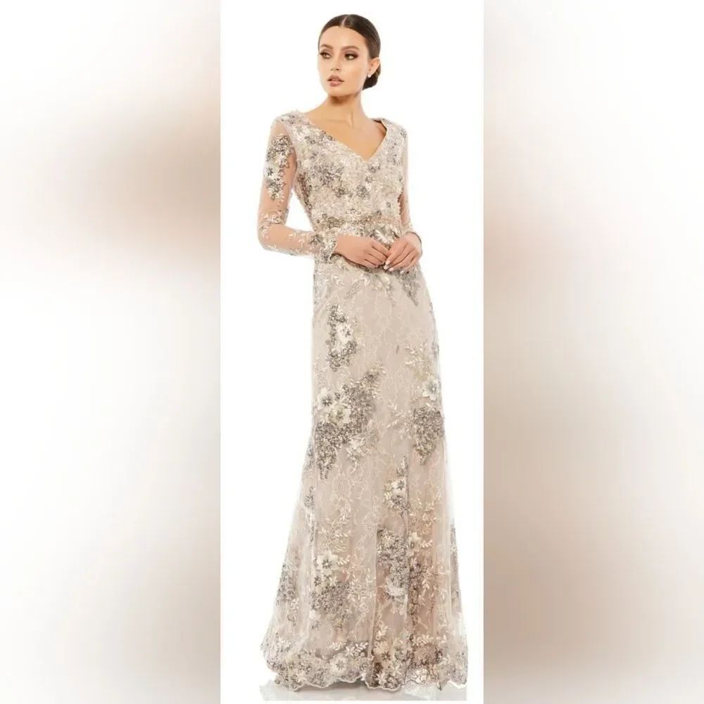 Mac Duggal 67539 Embellished V-neck Illusions Gown NWT Size 18 Taupe